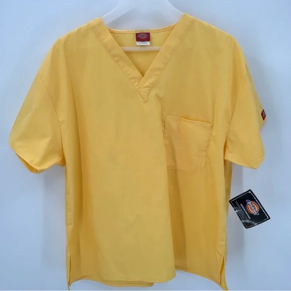 3/$15 DICKIES Scrub Top Adult SM Yellow Vneck Short Slv Uniform Workwear-stains - Picture 1 of 12